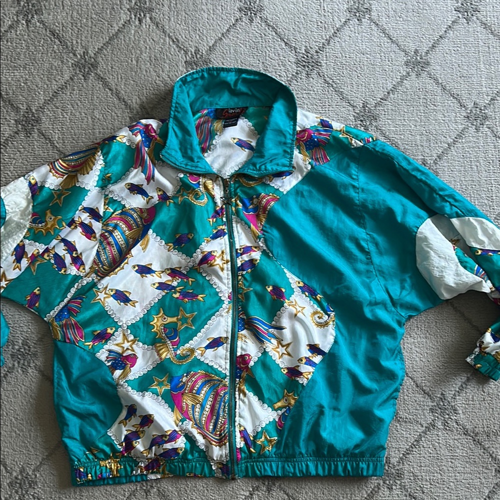 Vintage Lavon Sport Colorful Koi Seahorse Patterned Zip-Up Jacket